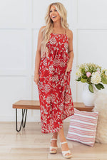 Load image into Gallery viewer, Red Floral Printed Spaghetti Strap Empire Waist Maxi Dress - Fashion Queen -  5
