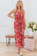Load image into Gallery viewer, Red Floral Printed Spaghetti Strap Empire Waist Maxi Dress - Fashion Queen -  7
