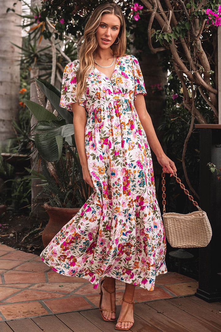 Red Floral Short Sleeve V Neck High Waist Maxi Dress - Fashion Queen -  1