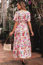 Load image into Gallery viewer, Red Floral Short Sleeve V Neck High Waist Maxi Dress - Fashion Queen -  2

