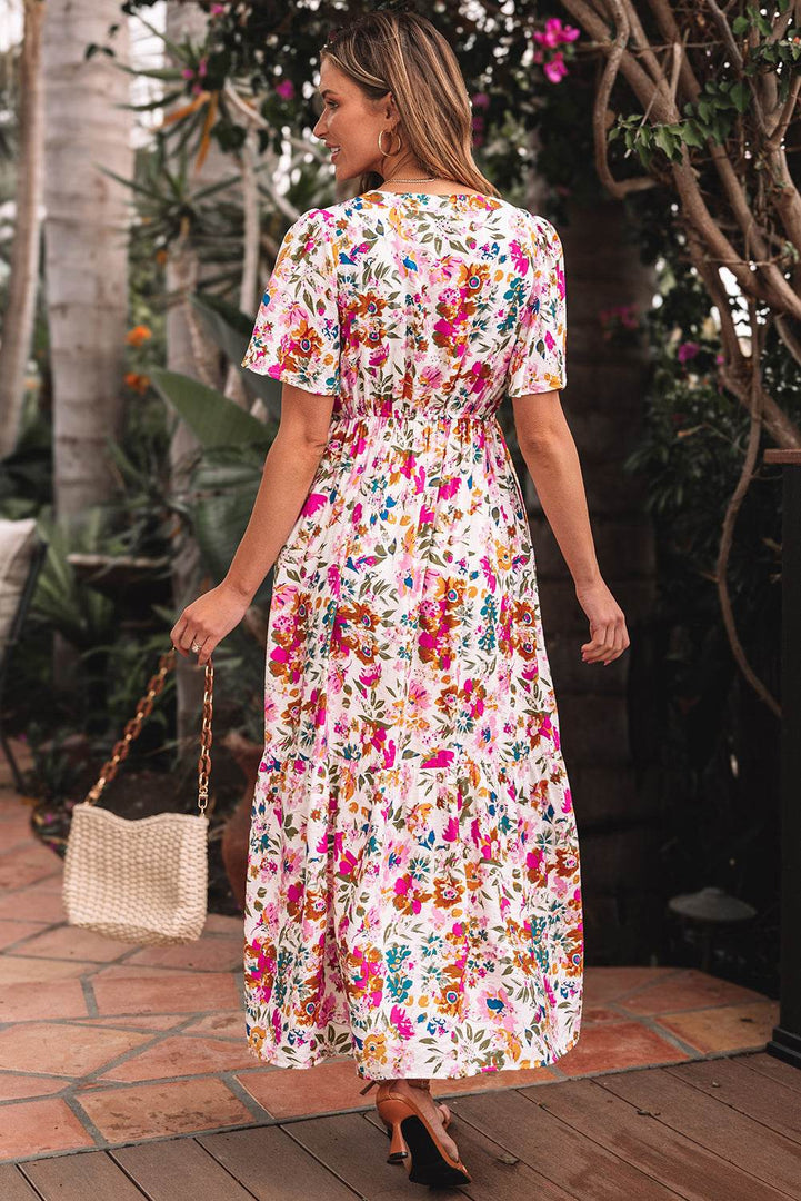 Red Floral Short Sleeve V Neck High Waist Maxi Dress - Fashion Queen -  2