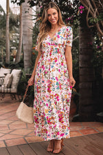 Load image into Gallery viewer, Red Floral Short Sleeve V Neck High Waist Maxi Dress - Fashion Queen -  3
