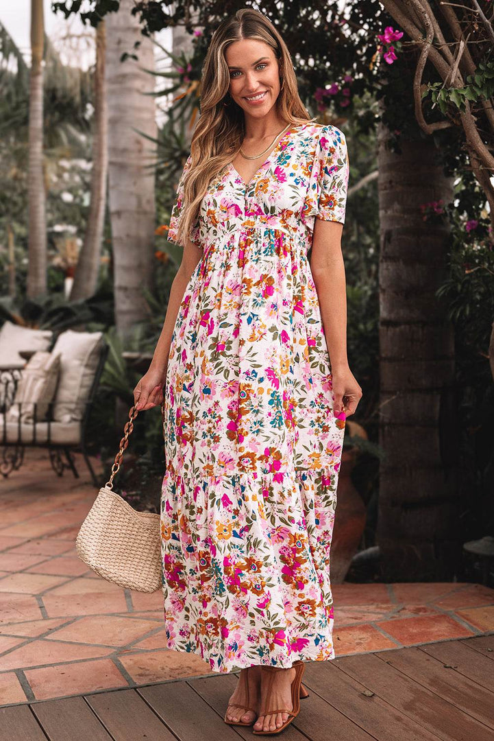 Red Floral Short Sleeve V Neck High Waist Maxi Dress - Fashion Queen -  3