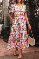 Load image into Gallery viewer, Red Floral Short Sleeve V Neck High Waist Maxi Dress - Fashion Queen -  5
