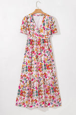 Load image into Gallery viewer, Red Floral Short Sleeve V Neck High Waist Maxi Dress - Fashion Queen -  7
