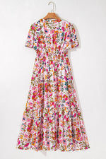 Load image into Gallery viewer, Red Floral Short Sleeve V Neck High Waist Maxi Dress - Fashion Queen -  8
