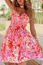 Load image into Gallery viewer, Red Floral Spaghetti Strap Surplice Neck Shirred Waist Mini Dress - Fashion Queen -  1
