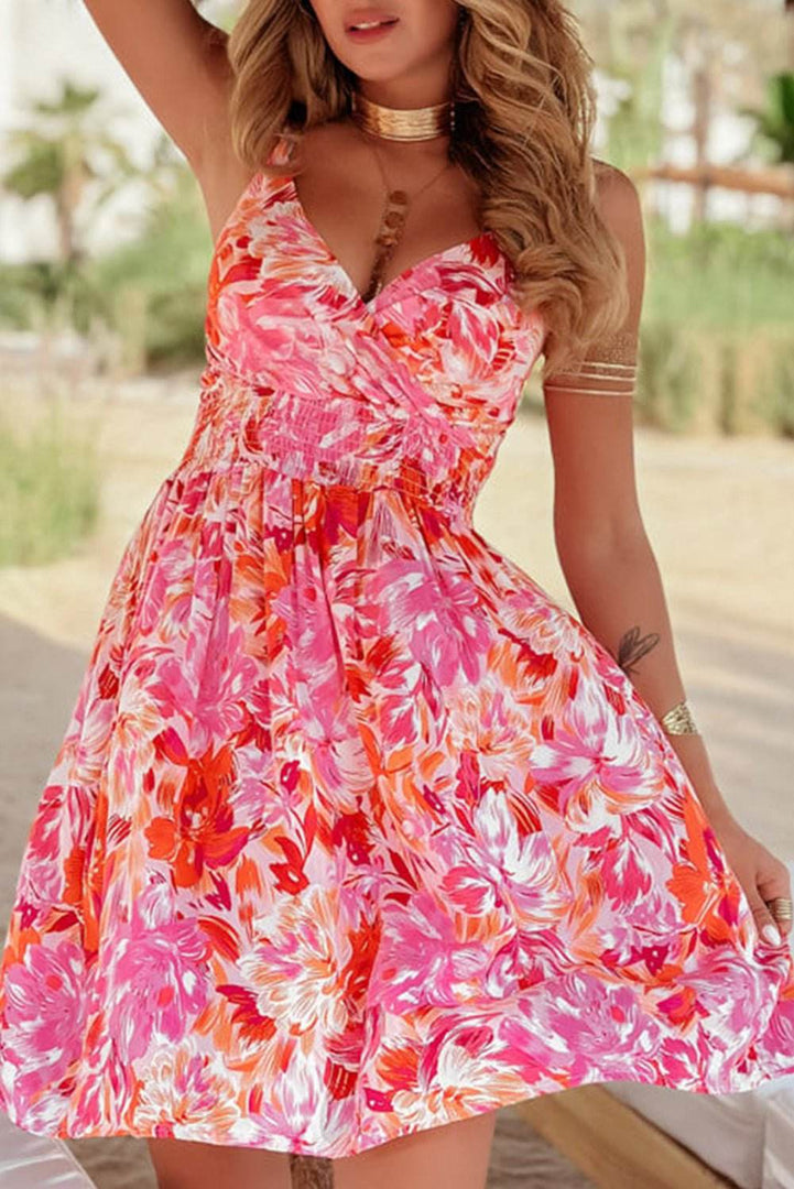 Red Floral Spaghetti Strap Surplice Neck Shirred Waist Mini Dress - Fashion Queen -  1