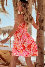 Load image into Gallery viewer, Red Floral Spaghetti Strap Surplice Neck Shirred Waist Mini Dress - Fashion Queen -  2
