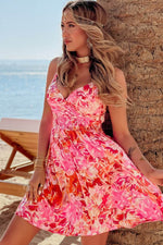 Load image into Gallery viewer, Red Floral Spaghetti Strap Surplice Neck Shirred Waist Mini Dress - Fashion Queen -  3
