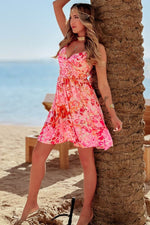 Load image into Gallery viewer, Red Floral Spaghetti Strap Surplice Neck Shirred Waist Mini Dress - Fashion Queen -  5
