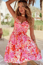 Load image into Gallery viewer, Red Floral Spaghetti Strap Surplice Neck Shirred Waist Mini Dress - Fashion Queen -  6
