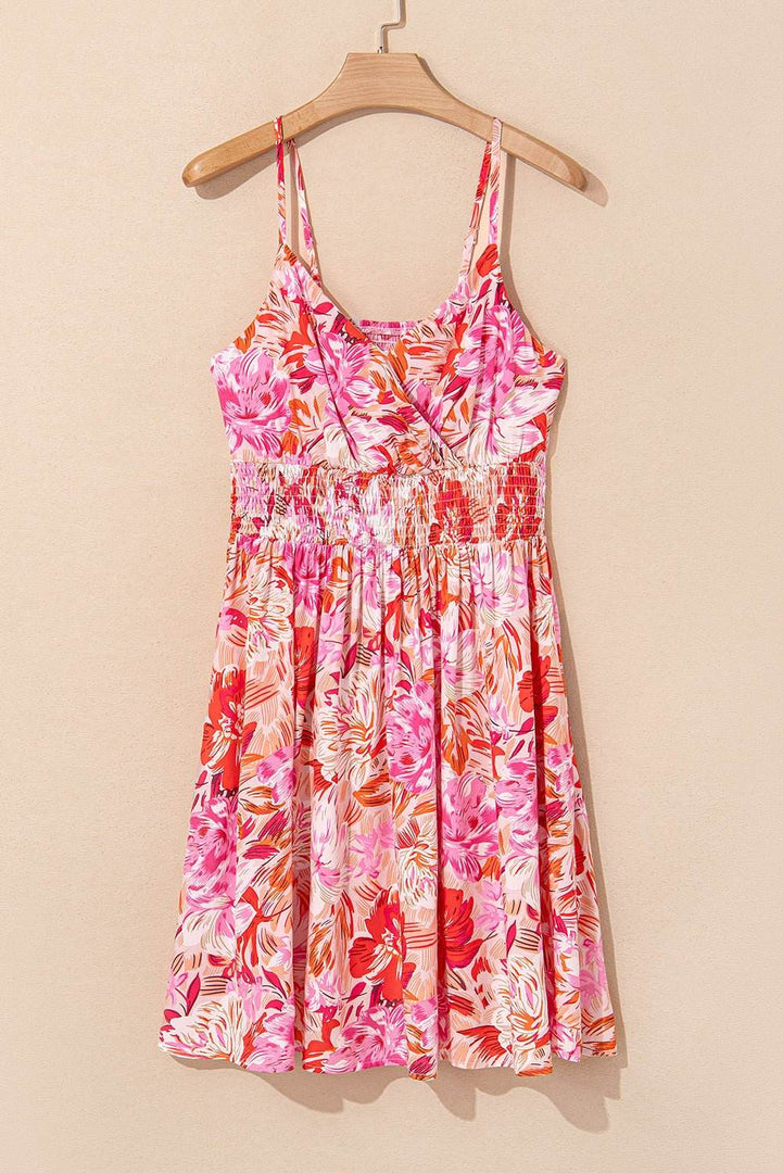 Red Floral Spaghetti Strap Surplice Neck Shirred Waist Mini Dress - Fashion Queen -  7