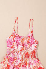 Load image into Gallery viewer, Red Floral Spaghetti Strap Surplice Neck Shirred Waist Mini Dress - Fashion Queen -  9
