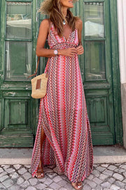 Red Halter Neck Tribal Boho Printed Backless Maxi Dress - Fashion Queen -  1