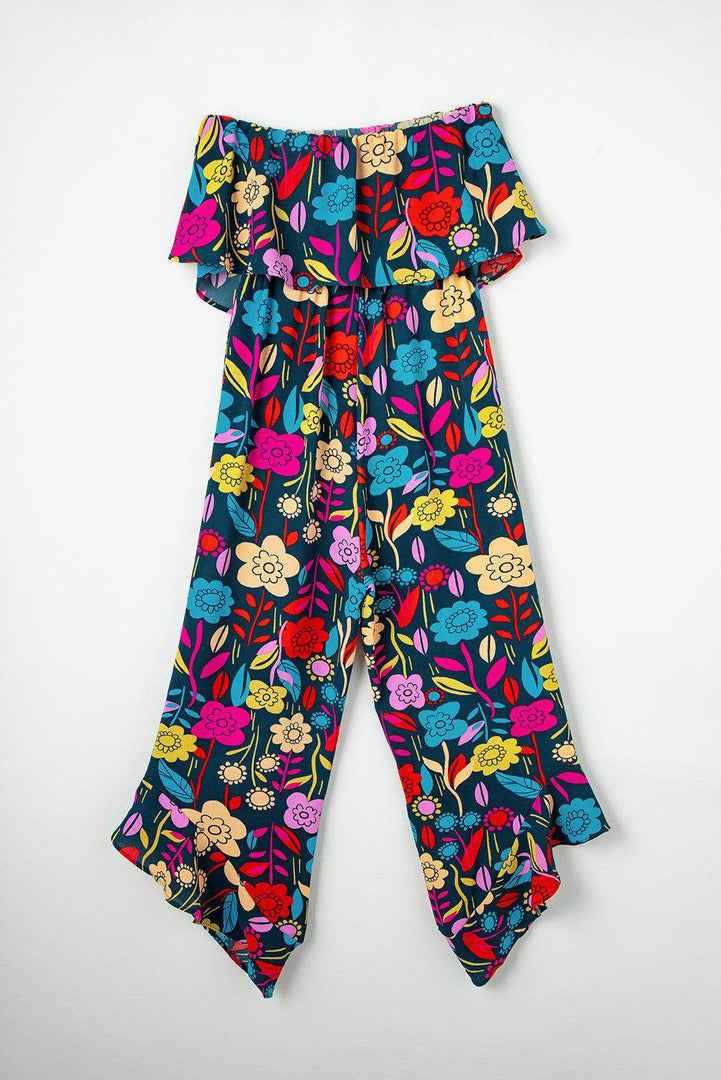 Red Mix Tropical Print Strapless Ruffled Jumpsuit - Fashion Queen -  11