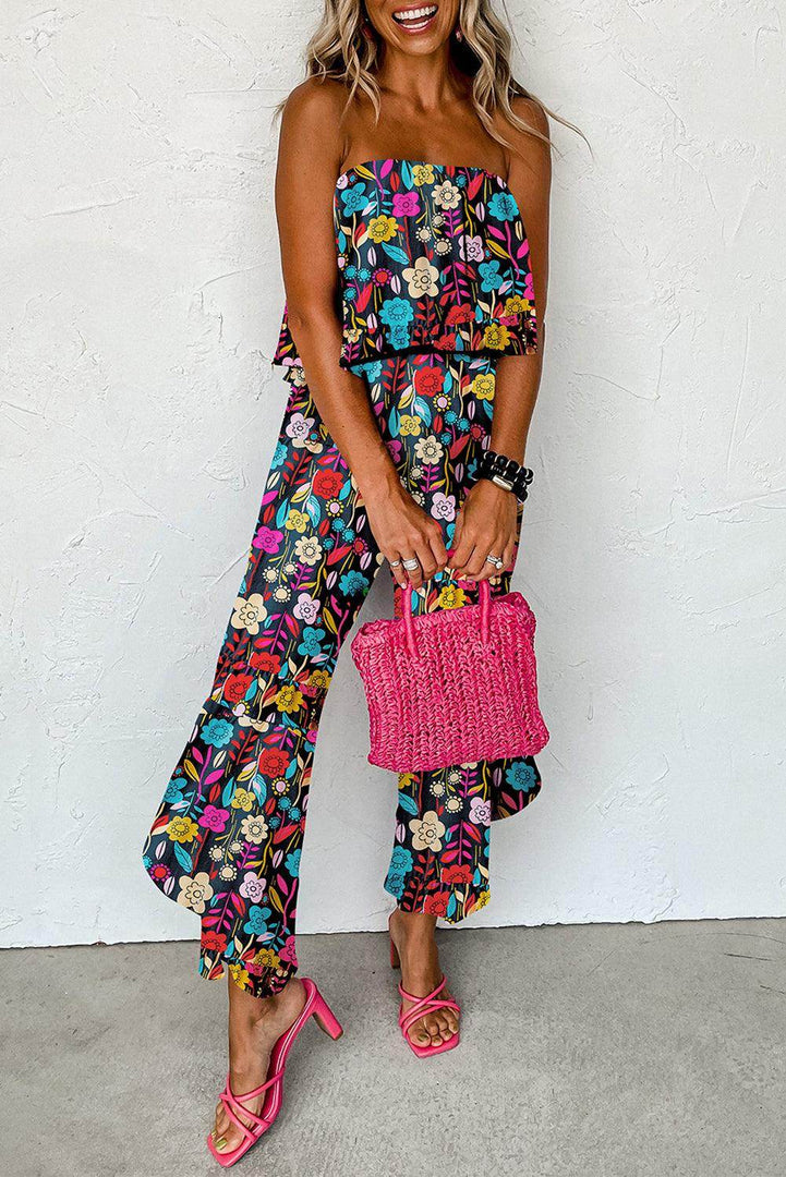 Red Mix Tropical Print Strapless Ruffled Jumpsuit - Fashion Queen -  8