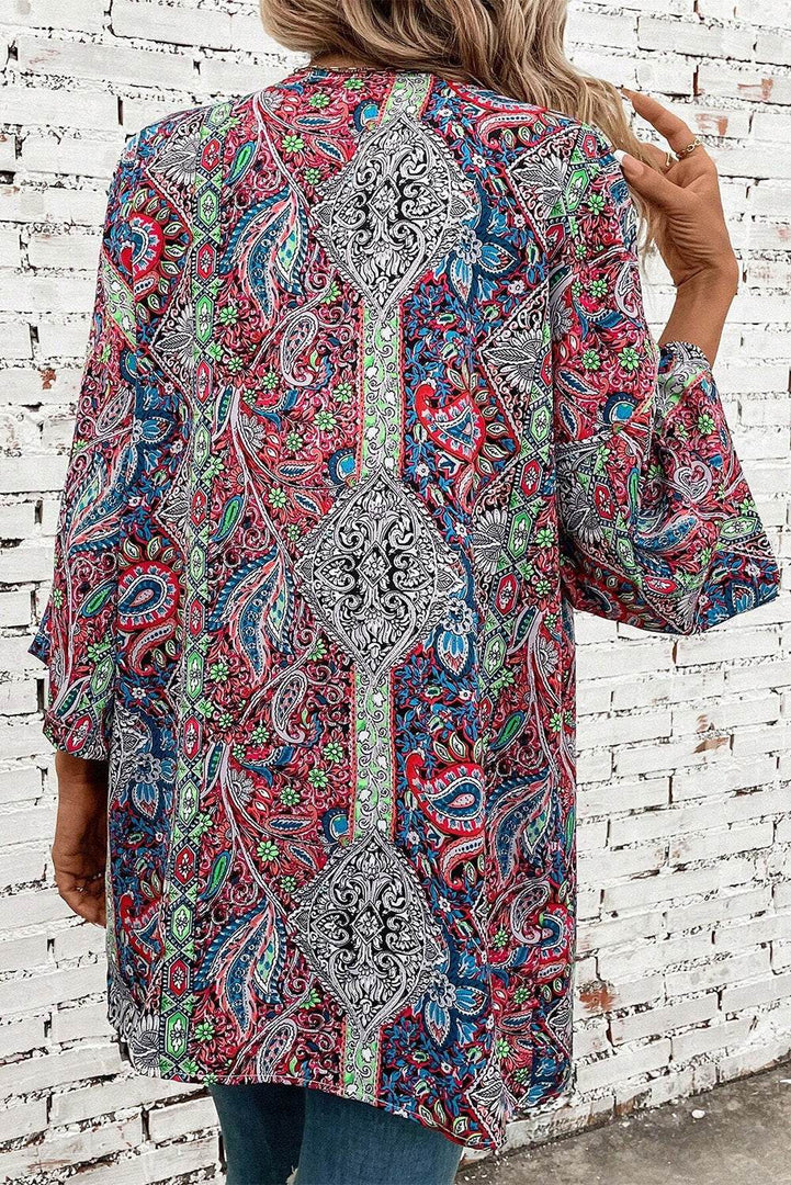 Red Paisley Print Open Front Kimono - Fashion Queen -  2