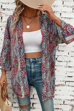 Load image into Gallery viewer, Red Paisley Print Open Front Kimono - Fashion Queen -  3

