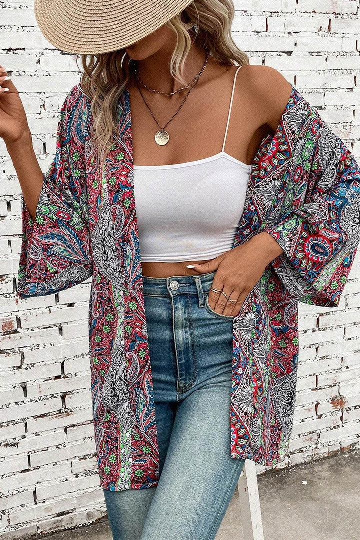 Red Paisley Print Open Front Kimono - Fashion Queen -  6