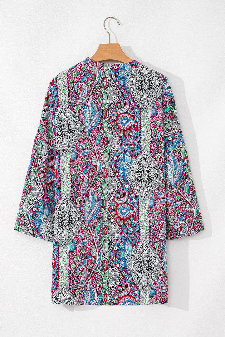 Red Paisley Print Open Front Kimono - Fashion Queen -  8