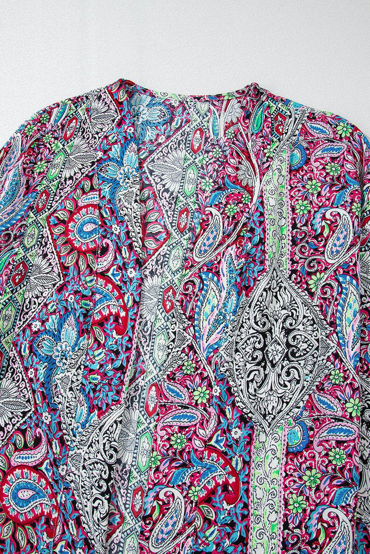 Red Paisley Print Open Front Kimono - Fashion Queen -  9