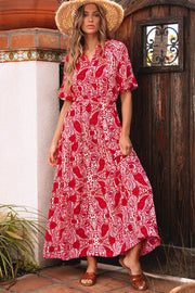 Red Paisley Print Side Slit Puff Sleeve High Waist Maxi Dress - Fashion Queen -  1