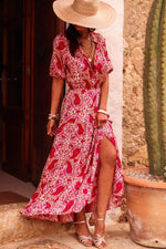 Load image into Gallery viewer, Red Paisley Print Side Slit Puff Sleeve High Waist Maxi Dress - Fashion Queen -  10
