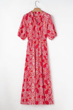 Load image into Gallery viewer, Red Paisley Print Side Slit Puff Sleeve High Waist Maxi Dress - Fashion Queen -  11

