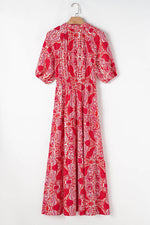 Load image into Gallery viewer, Red Paisley Print Side Slit Puff Sleeve High Waist Maxi Dress - Fashion Queen -  12
