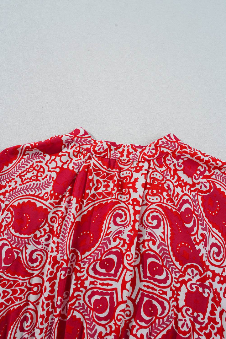 Red Paisley Print Side Slit Puff Sleeve High Waist Maxi Dress - Fashion Queen -  13