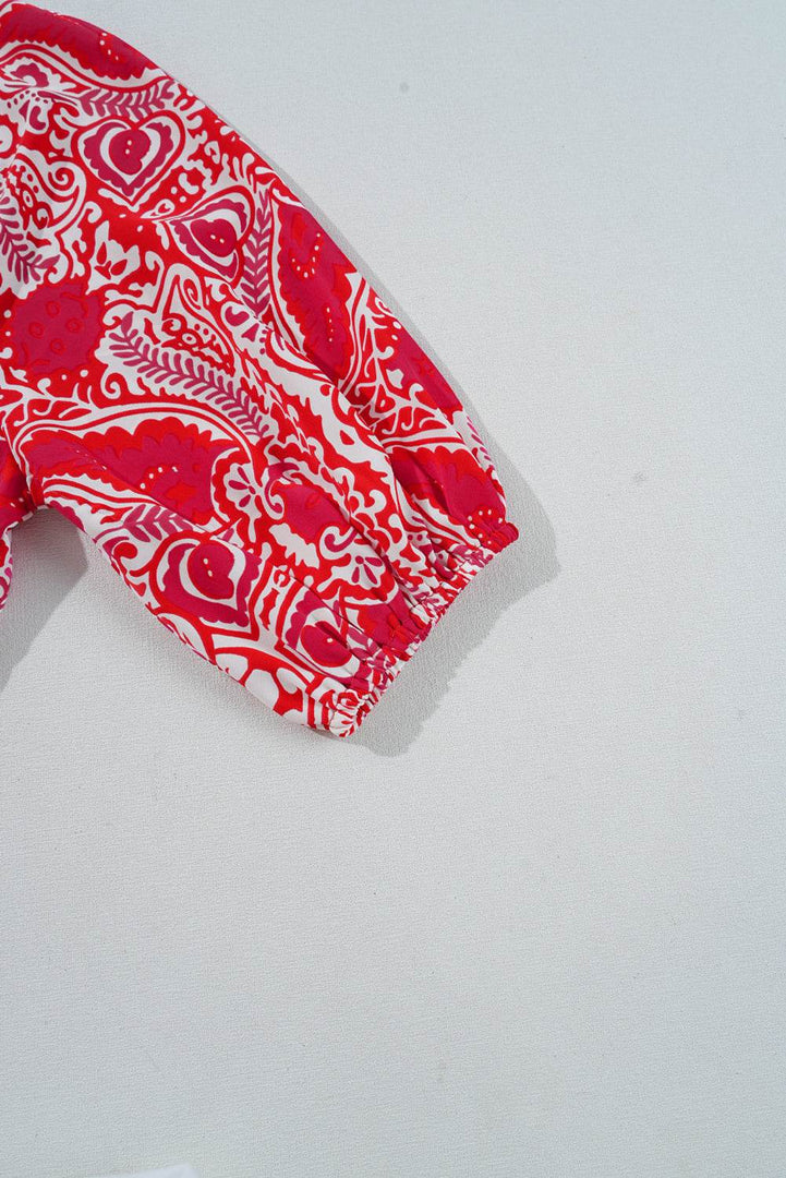 Red Paisley Print Side Slit Puff Sleeve High Waist Maxi Dress - Fashion Queen -  15