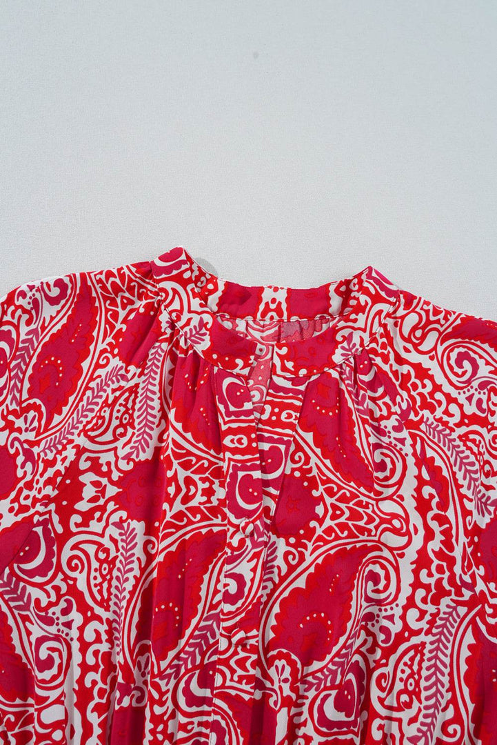 Red Paisley Print Side Slit Puff Sleeve High Waist Maxi Dress - Fashion Queen -  17