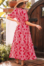 Load image into Gallery viewer, Red Paisley Print Side Slit Puff Sleeve High Waist Maxi Dress - Fashion Queen -  2
