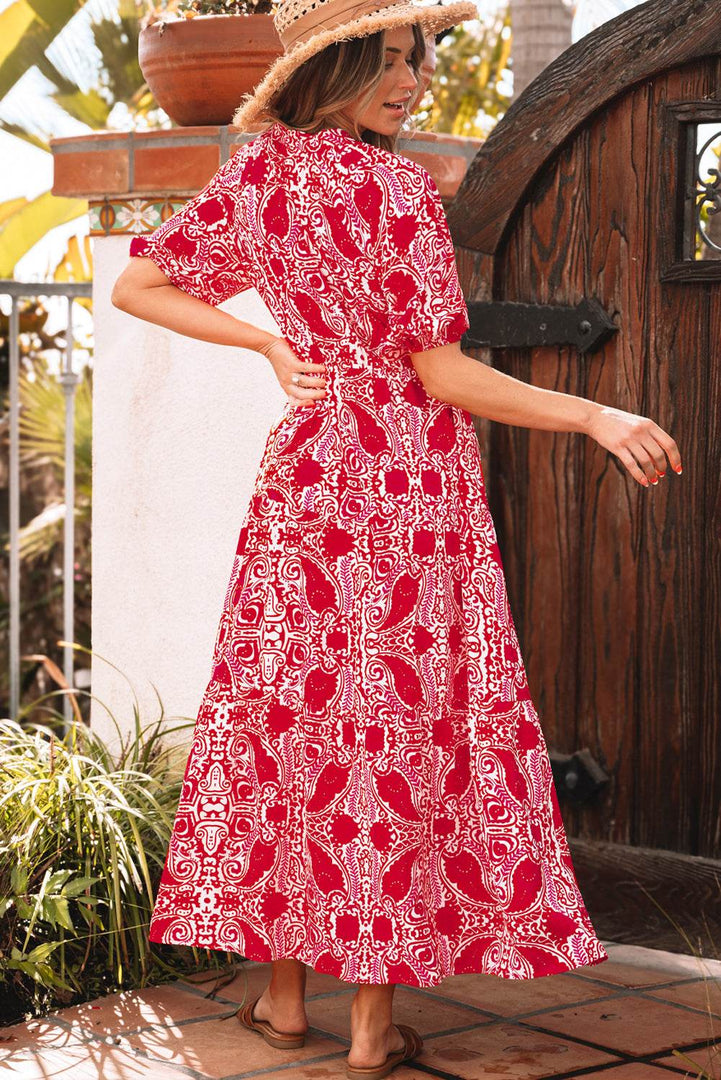 Red Paisley Print Side Slit Puff Sleeve High Waist Maxi Dress - Fashion Queen -  2