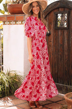 Load image into Gallery viewer, Red Paisley Print Side Slit Puff Sleeve High Waist Maxi Dress - Fashion Queen -  3
