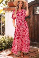 Load image into Gallery viewer, Red Paisley Print Side Slit Puff Sleeve High Waist Maxi Dress - Fashion Queen -  4

