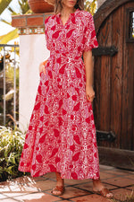 Load image into Gallery viewer, Red Paisley Print Side Slit Puff Sleeve High Waist Maxi Dress - Fashion Queen -  5
