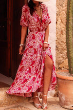 Load image into Gallery viewer, Red Paisley Print Side Slit Puff Sleeve High Waist Maxi Dress - Fashion Queen -  6
