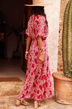 Load image into Gallery viewer, Red Paisley Print Side Slit Puff Sleeve High Waist Maxi Dress - Fashion Queen -  7
