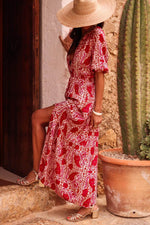Load image into Gallery viewer, Red Paisley Print Side Slit Puff Sleeve High Waist Maxi Dress - Fashion Queen -  8
