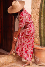 Load image into Gallery viewer, Red Paisley Print Side Slit Puff Sleeve High Waist Maxi Dress - Fashion Queen -  9
