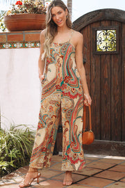 Red Paisley Printed Spaghetti Straps Elegant Wide Leg Jumpsuit - Fashion Queen -  1