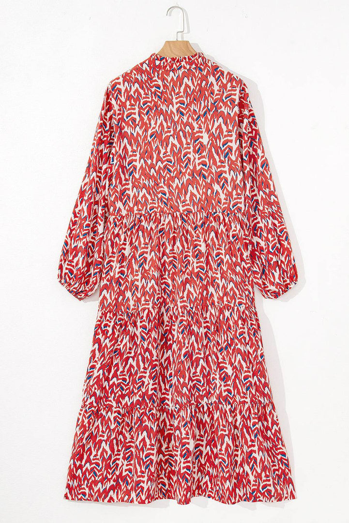 Red Plus Size Abstract Print Notch V Neck High Waist Maxi Dress - Fashion Queen -  7