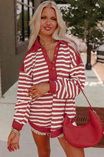 Load image into Gallery viewer, Red Stripe Buttoned V Neck Collared Drop Shoulder Top - Fashion Queen -  10
