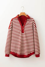 Load image into Gallery viewer, Red Stripe Buttoned V Neck Collared Drop Shoulder Top - Fashion Queen -  11
