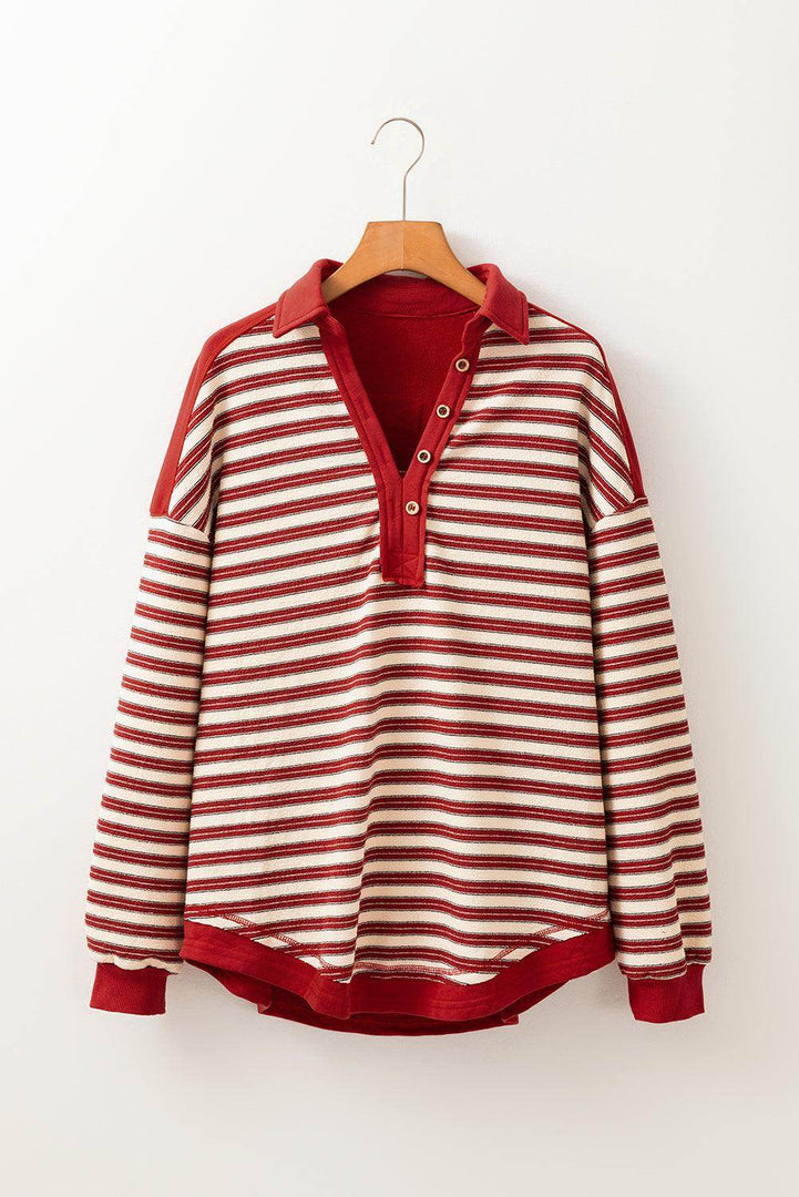 Red Stripe Buttoned V Neck Collared Drop Shoulder Top - Fashion Queen -  11