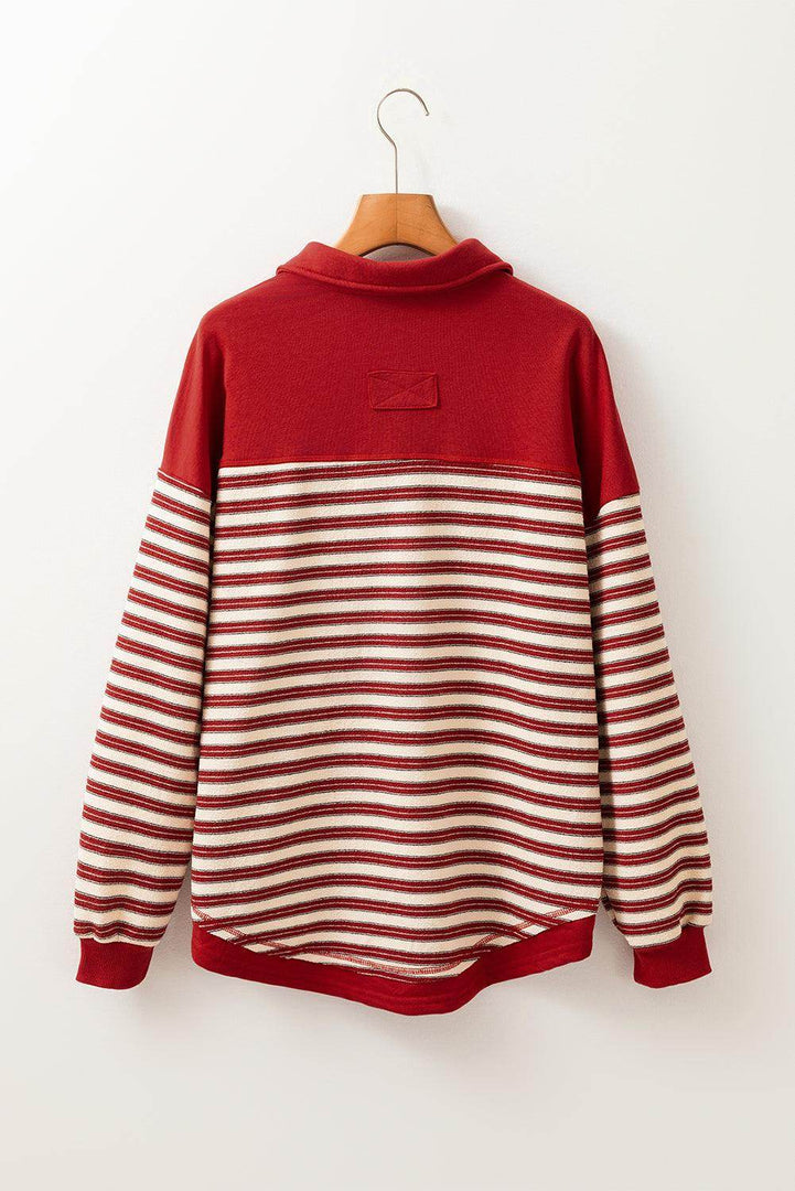 Red Stripe Buttoned V Neck Collared Drop Shoulder Top - Fashion Queen -  12