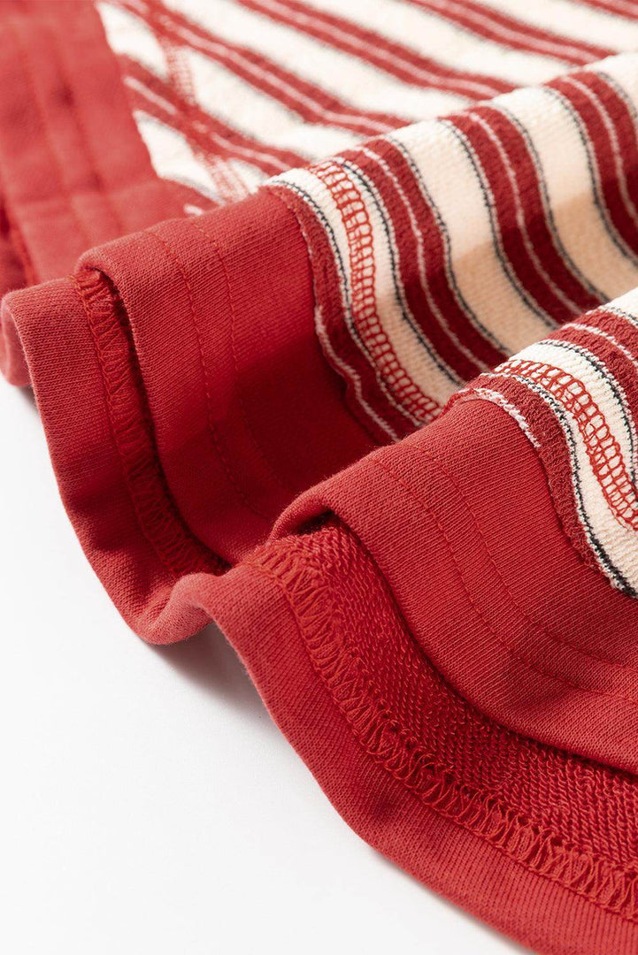 Red Stripe Buttoned V Neck Collared Drop Shoulder Top - Fashion Queen -  16
