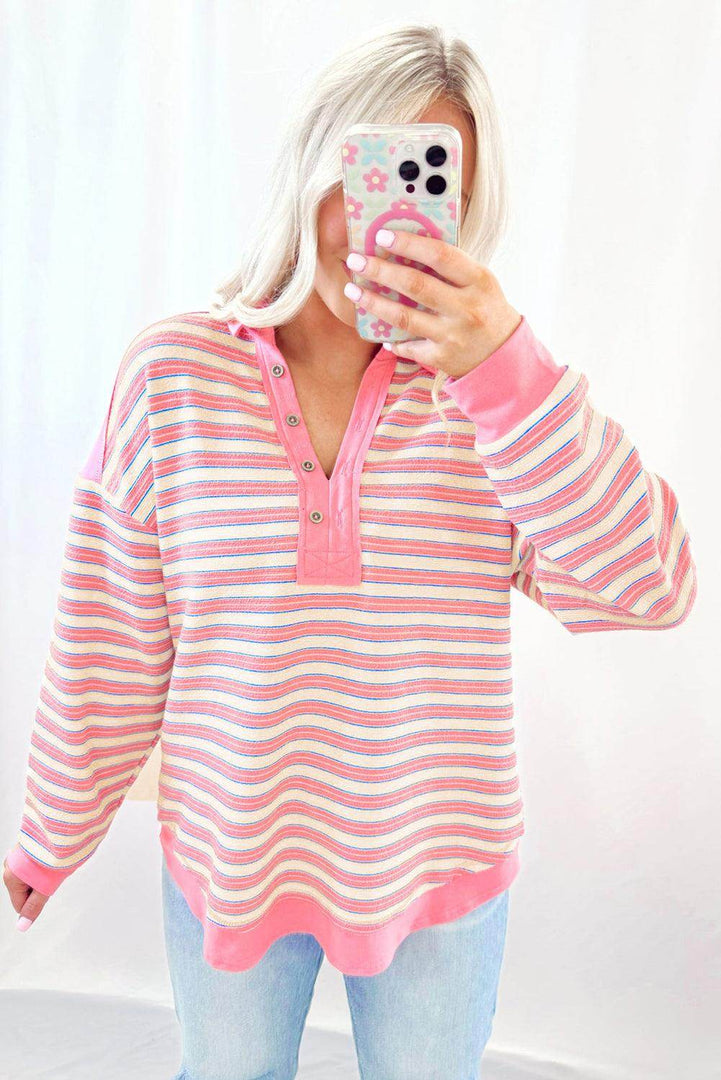 Red Stripe Buttoned V Neck Collared Drop Shoulder Top - Fashion Queen -  18